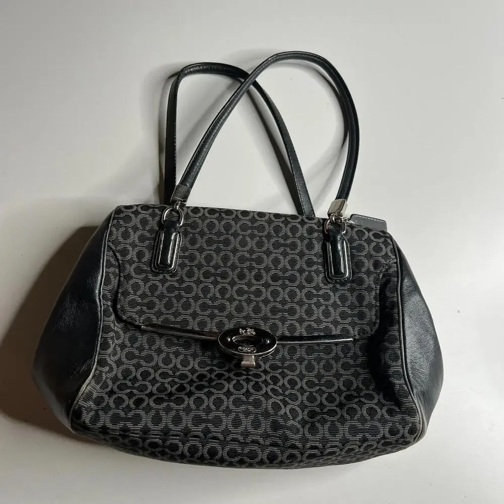 COACH Signature Black‎ Jacquard Tote Shoulder Bag w/ Leather Trim & Turnlock